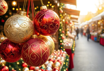 Obraz premium Christmas market shopping and holiday celebration, red and gold baubles hanging at a festive street fair with blurred lights and winter atmosphere