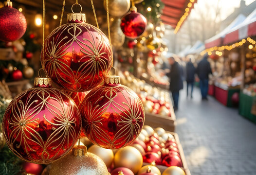 Christmas market shopping and holiday season celebration, red and gold baubles hanging at a festive street fair with blurred crowds in the background