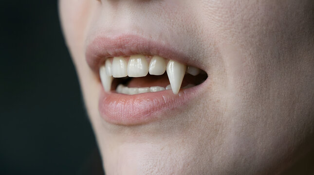 Close up of sharp vampire fangs in a person's mouth. Pointed canine teeth for a spooky Halloween costume. Macro detail of lips and dental disguise