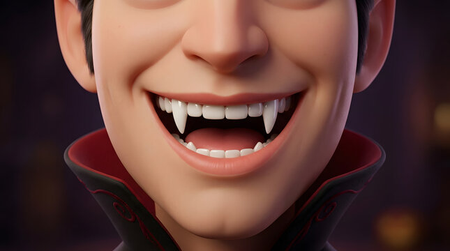 Close up of a smiling mouth with sharp white vampire fangs. Person wearing a black and red high collared Dracula costume. Spooky Halloween character concept