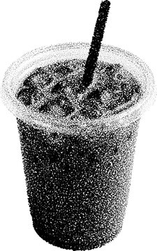 Halftone stippled iced coffee in transparent cup, retro dotted grunge design, trendy beverage art