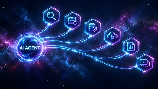Intelligent workflow automation network showcasing centralized cloud computing nodes and enterprise software integration