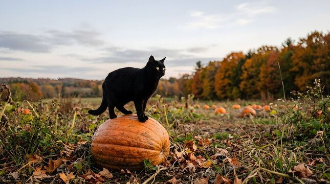 Black cat standing on a large orange pumpkin in a rural pumpkin patch. Feline in an autumn field with fall foliage and cloudy sky. Seasonal harvest and Halloween concept
