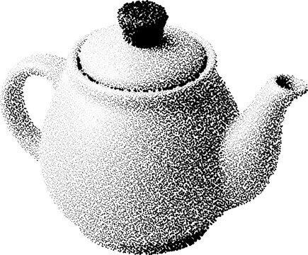 Halftone stippled retro grunge transparent teapot design with dotted texture for digital nostalgia