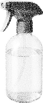 Transparent spray bottle in grunge dotted halftone style with retro stipple texture