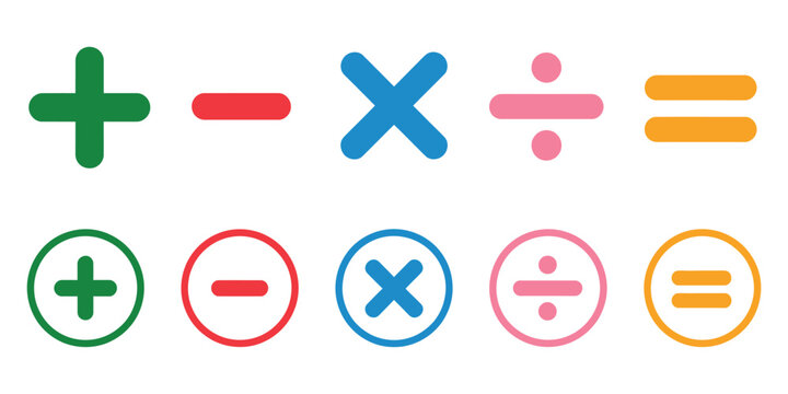 Plus Minus Multiply Divide and Equal Sign Symbols for Arithmetic Calculation, Education, Finance, and Interface Graphics