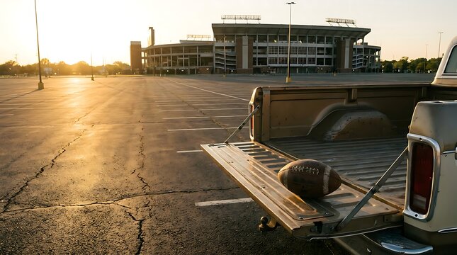 Football on a truck tailgate at an empty stadium parking lot