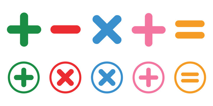 Plus Minus Multiply Divide and Equal Sign Icons for Mathematics Calculation Education and Digital Interface Design