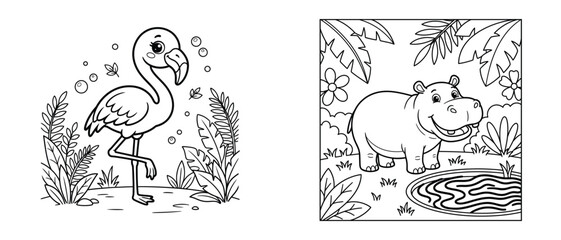 Fototapeta premium Coloring page set featuring a cute flamingo standing on one leg and a happy hippopotamus standing near a pond in the tropical jungle