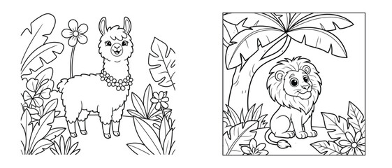 Fototapeta premium Coloring page set featuring a cute llama wearing a flower necklace and a happy lion cub sitting under a palm tree in the jungle