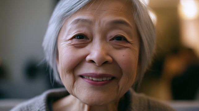 Elderly woman smiling warmly indoors