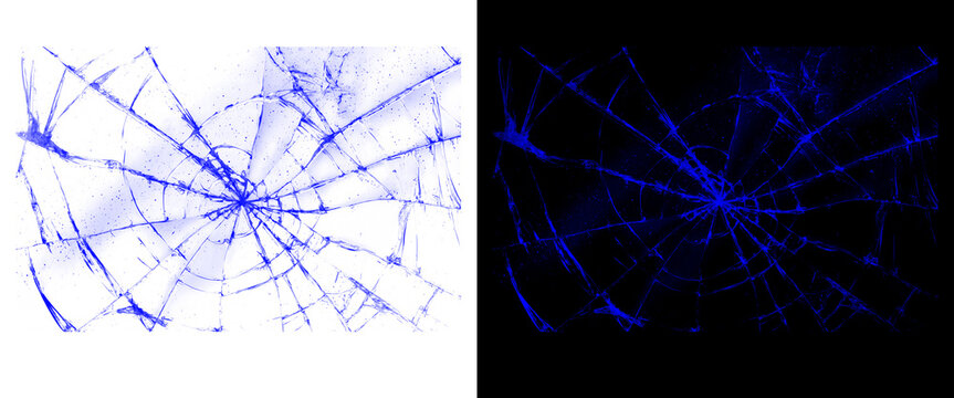 Shattered glass texture with blue radial cracks, broken window screen effect on white and black background, damaged glass surface illustration