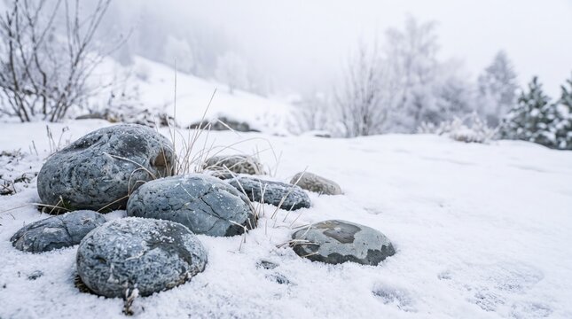 Winter landscape with snow covered rocks and frosted trees in a peaceful garden