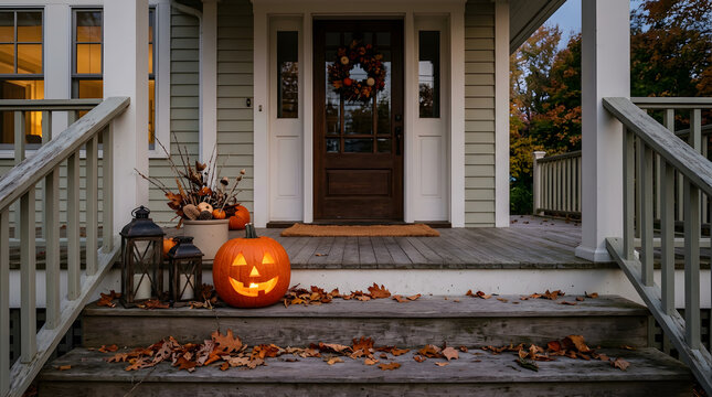 Glowing jack-o-lantern and lanterns on wooden porch steps. Autumn front door decorations with a carved pumpkin and fallen leaves