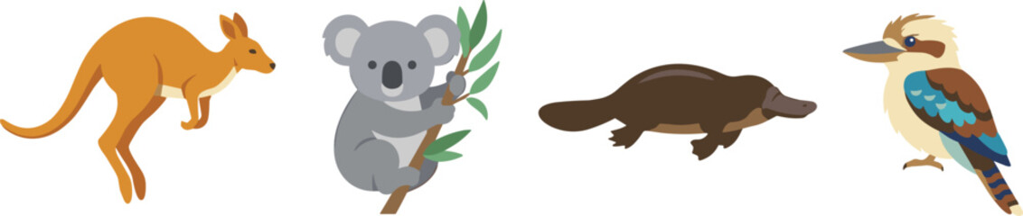 Fototapeta premium Australian animals vector icon set featuring a jumping kangaroo, cute koala eating eucalyptus, swimming platypus, and a colorful kookaburra bird isolated on white.