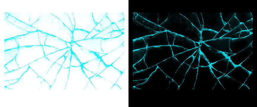 Broken glass texture with cyan glowing cracks, shattered screen effect on black and white backgrounds, cracked ice surface illustration