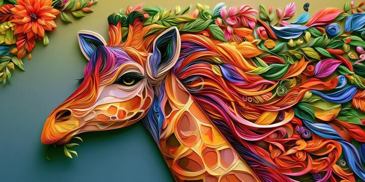 Animal Portrait Paper Quilling Concept. Colorful artistic painting of a giraffe with flowing mane and floral elements