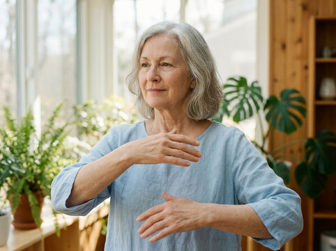 Serene Senior Woman Practicing Tai Chi or Qigong Meditative Exercises in a Bright Sunlit Home Living Room Surrounded by Lush Green Houseplants