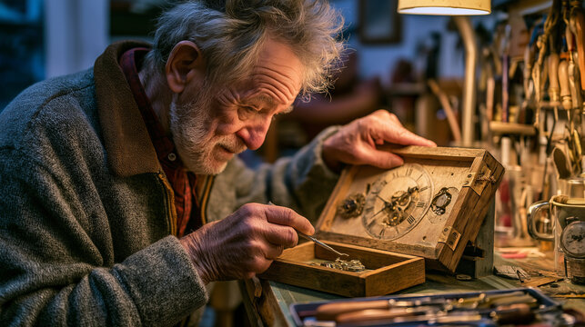 Elderly watchmaker repairing wooden clock in workshop