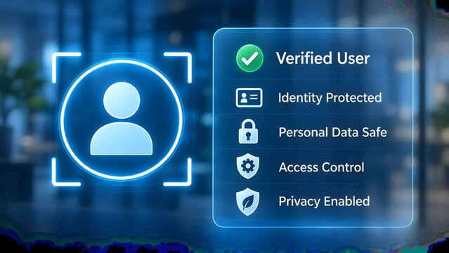 Identity and access management digital interface displaying verified user profile and personal data privacy controls