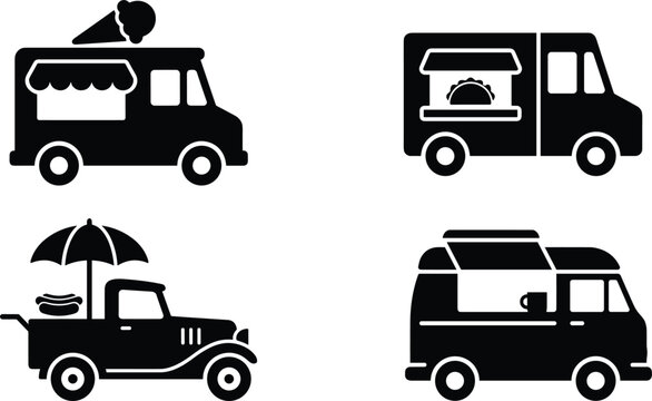 Food trucks black silhouette vector icon set featuring an ice cream truck, taco van, classic hot dog cart pickup, and a mobile coffee camper isolated on white.