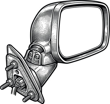 Automotive Side Mirror, Vehicle Rearview Mirror, Car Door Mirror, Vintage Engraving Style Vector Illustration