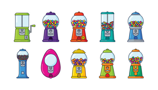 Colorful retro gumball machine vector illustration set featuring various vintage candy dispensers filled with round sweet bubblegum balls