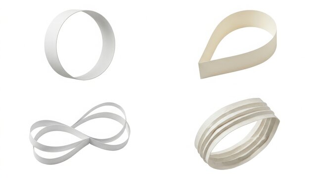 Four white paper strips folded into geometric shapes, including a circle and infinity loop