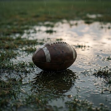 Football in puddle on rainy day