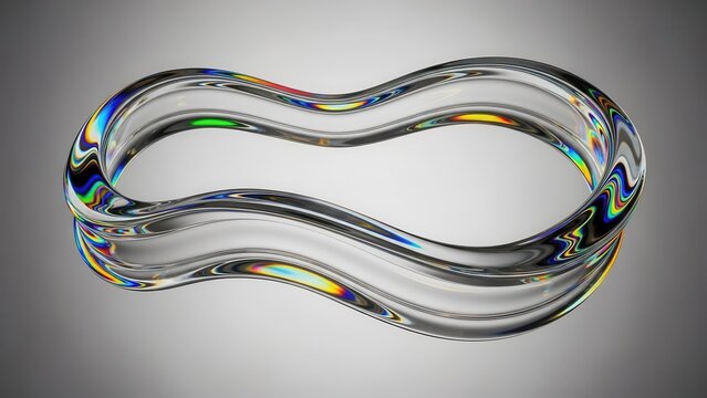 A clear glass-like Mobius strip or infinity loop with colorful light refractions on a grey background.