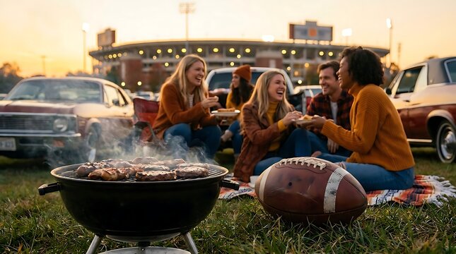 Friends tailgating at a football stadium during sunset