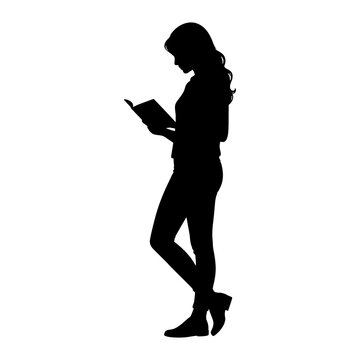 Woman standing reading book silhouette isolated on transparent background