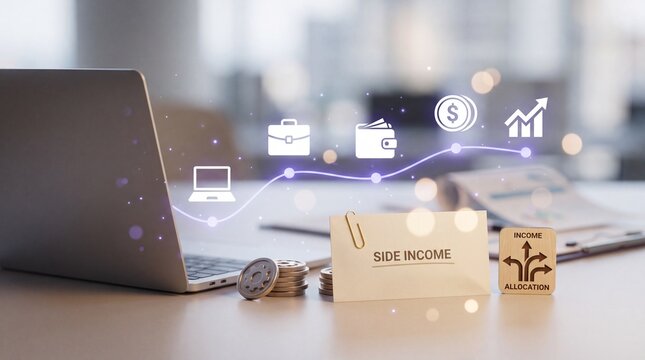 A laptop and paper sign with income allocation concept on a desk in an office with laptop computer sits desk next sign side income text stacked metal tokens with professional, optimization