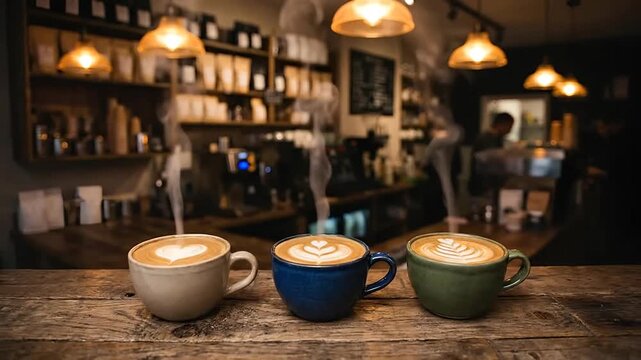 Three steaming cups of artisanal coffee with latte art on wooden counter inside cozy cafe