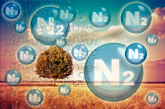 NITROGEN GAS, N2, AS A KEY PIECE OF EARTH&rsquo;S ATMOSPHERIC PUZZLE - CONCEPT WITH NITROGEN MOLECULES OVER RURAL LANDSCAPE, ENVIRONMENTAL SCIENCE AND NATURAL BALANCE