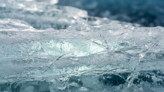 Close up of cracked ice texture on a frozen lake surface with natural light and blue tones