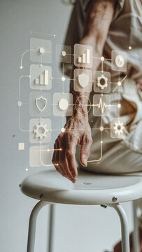 Elderly hand rests on a white stool while translucent digital icons float in front of the skin. Soft ambient glow illuminates various data symbols like charts, shields, and gears.
