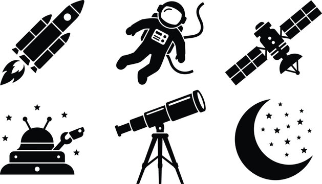 Outer space exploration and astronomy black silhouette vector icon set featuring a blasting rocket spaceship, floating astronaut, communications satellite, moon with stars, planet rover, 