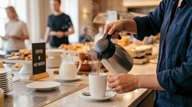 Adult hand pouring coffee from carafe into mug at hotel breakfast buffet. View shows hand pouring coffee, steam rising from beverage on counter, blurred guests enjoying selection.