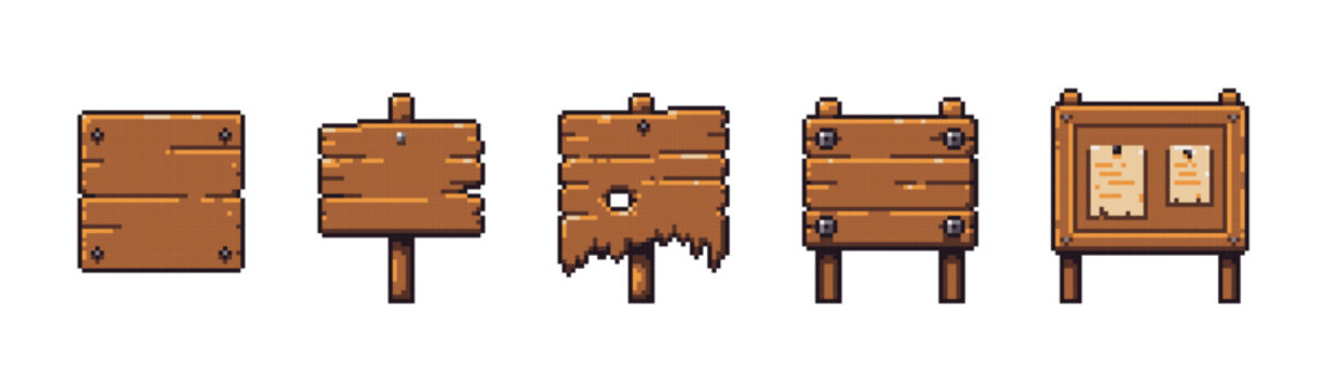 Pixel Art Wooden Sign and Notice Board Set, Retro 8-Bit Game Signs