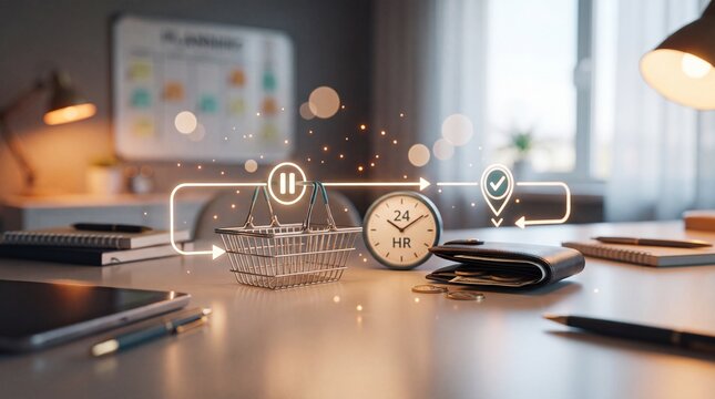 Miniature shopping basket and clock with digital icons on a desk in an office with glowing digital workflow next clock wallet miniature wire twenty four basket sits availability with professional