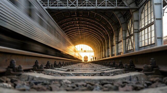 Cinematic low-angle POV shot of a speeding passenger train with motion blur on railway tracks inside a historic terminal station at sunset