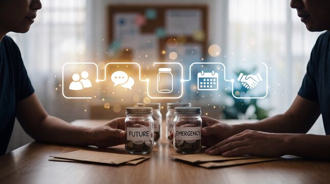 Two people sitting at a table with glass jars filled with coins for financial planning with emergency savings digital labeled future emergency individuals sit wooden digital icons floating
