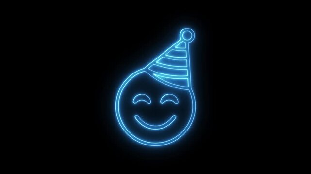 Blue neon glowing party hat smiling face emoji graphic on dark background