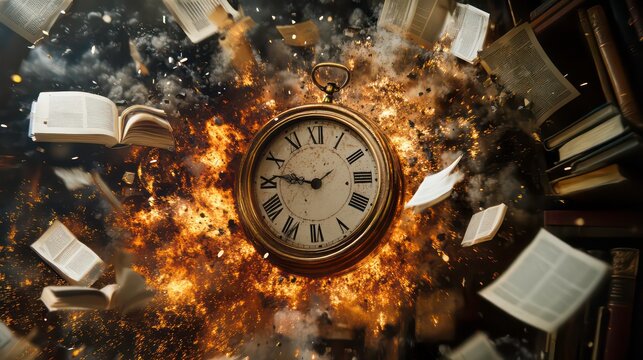 An antique pocket watch surrounded by an explosion of books and fire, representing the power of knowledge and the passage of time.