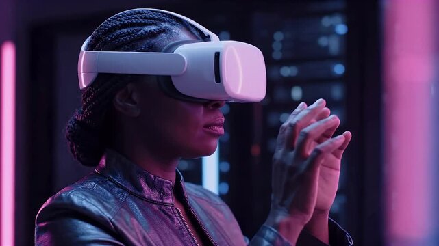 Professional woman using virtual reality headset for immersive training in tech workspace with clean copy space