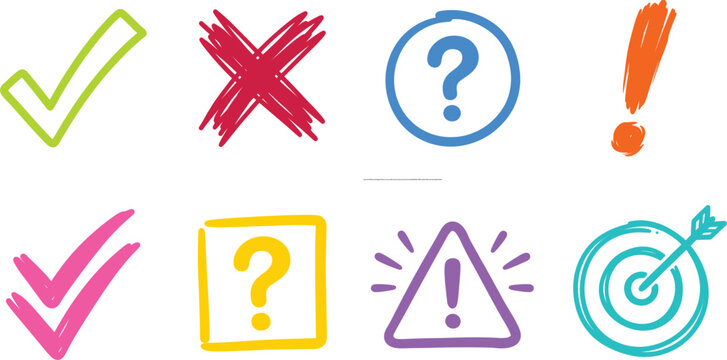 Colorful Hand Drawn Marker Check Mark Cross Question Exclamation Point Warning Triangle and Target Arrow Evaluation Infographic Icon Vector Set