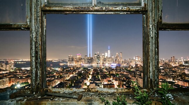 View of the New York City skyline at night through a weathered rustic window frame with light beams