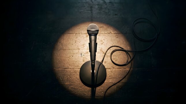 Silver microphone standing on a dark wooden stage under a bright spotlight