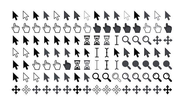 Computer mouse cursor pointer icon mega vector set featuring classic arrow hand clicking hourglass text selection magnifying glass and move arrows